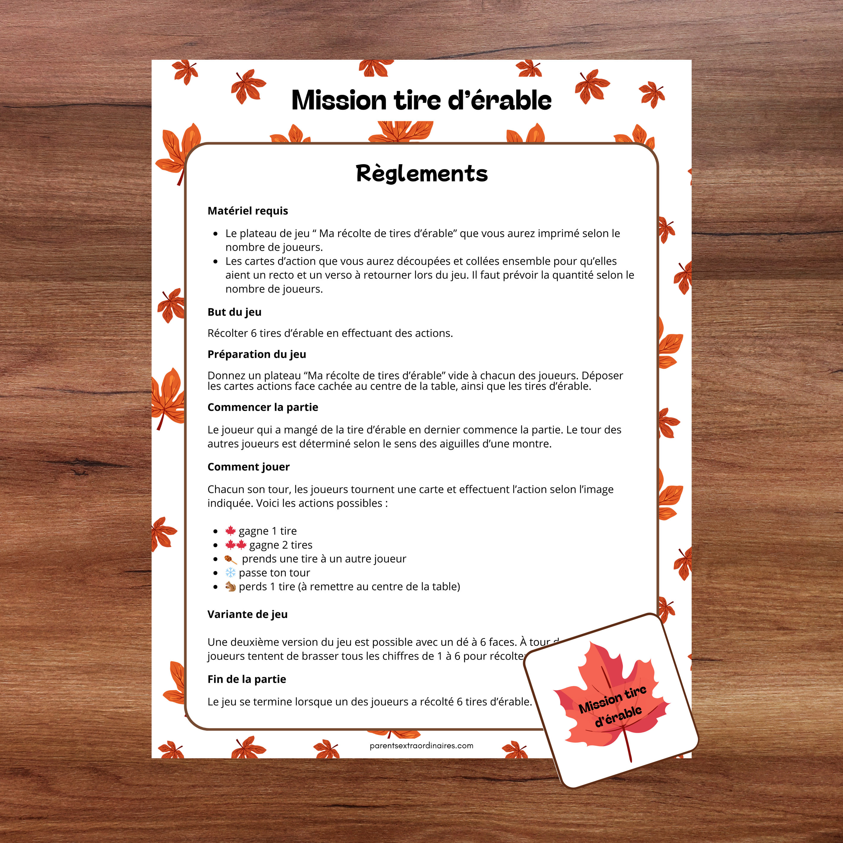 Jeu mission tire d'érable