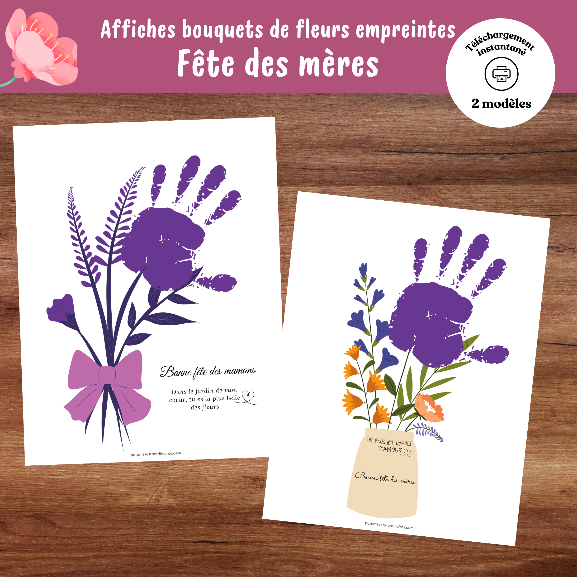 Affiches Bouquet de fleurs : empreintes de mains pour fête des mères