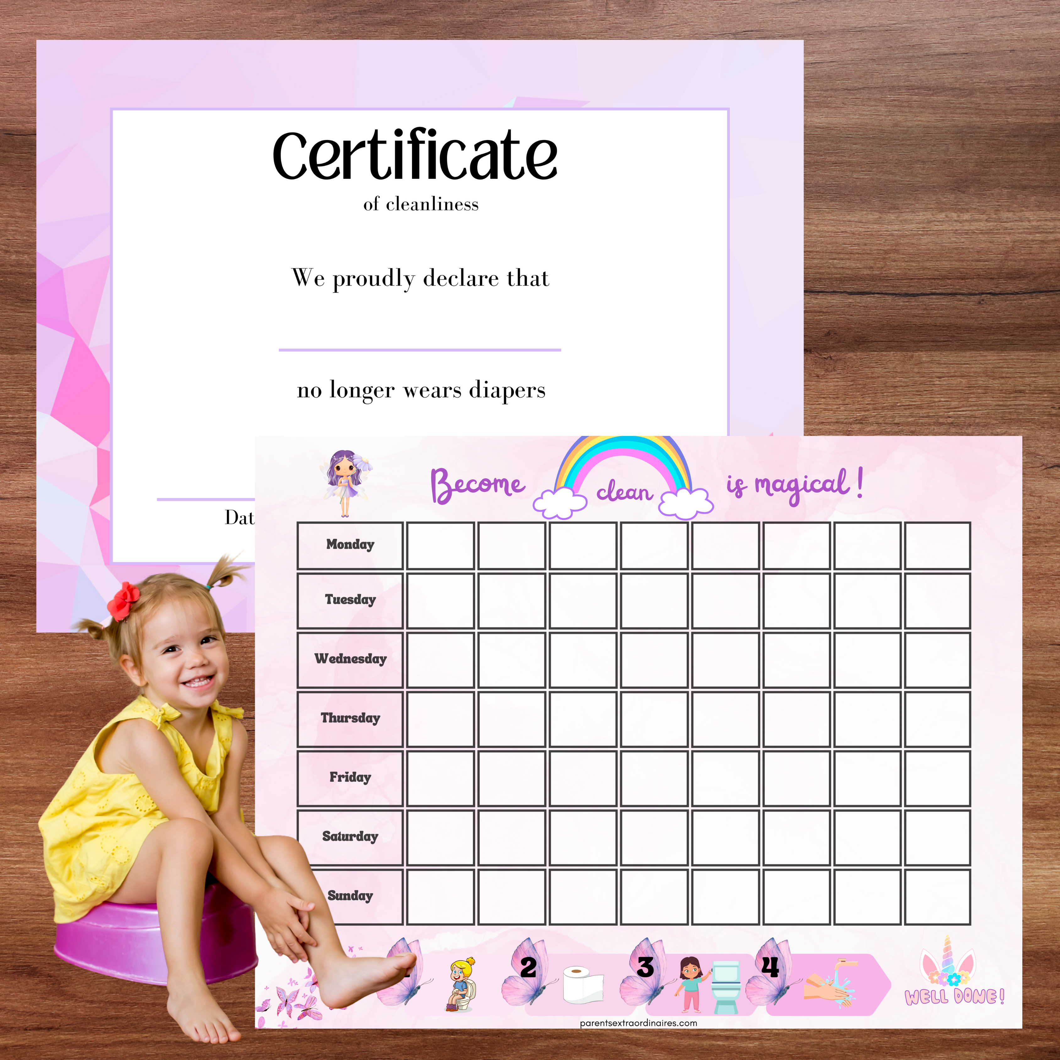 Tableau d'apprentissage de la propreté et certificat : thème fée