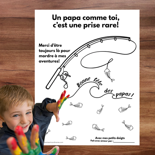 Activité fête des Pères à imprimer où l’enfant ajoute des empreintes de doigts sur des poissons.