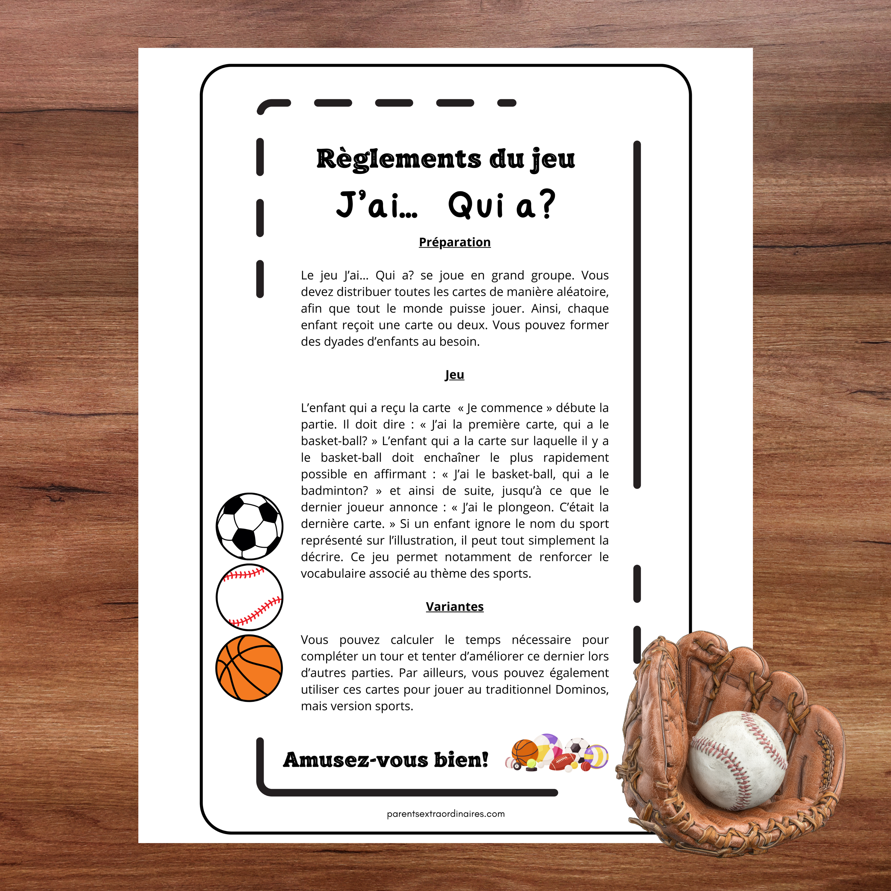 Jeu j'ai...qui a? : thème les sports