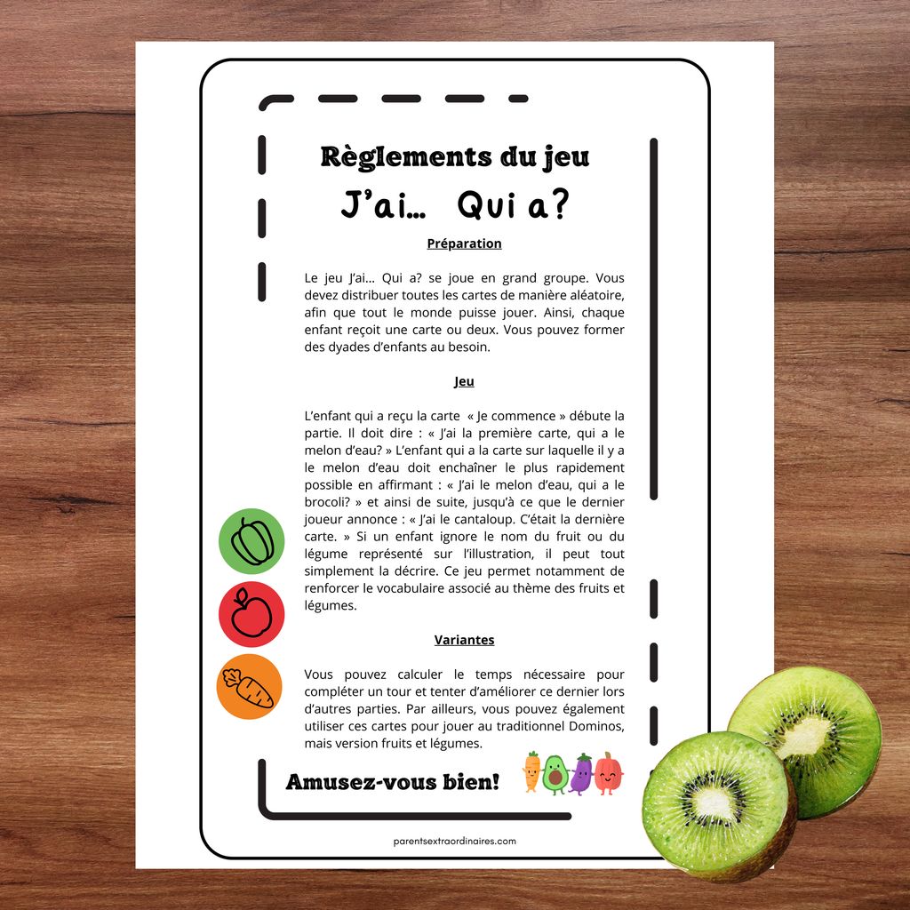 Jeu j'ai...qui a? : thème les fruits et légumes