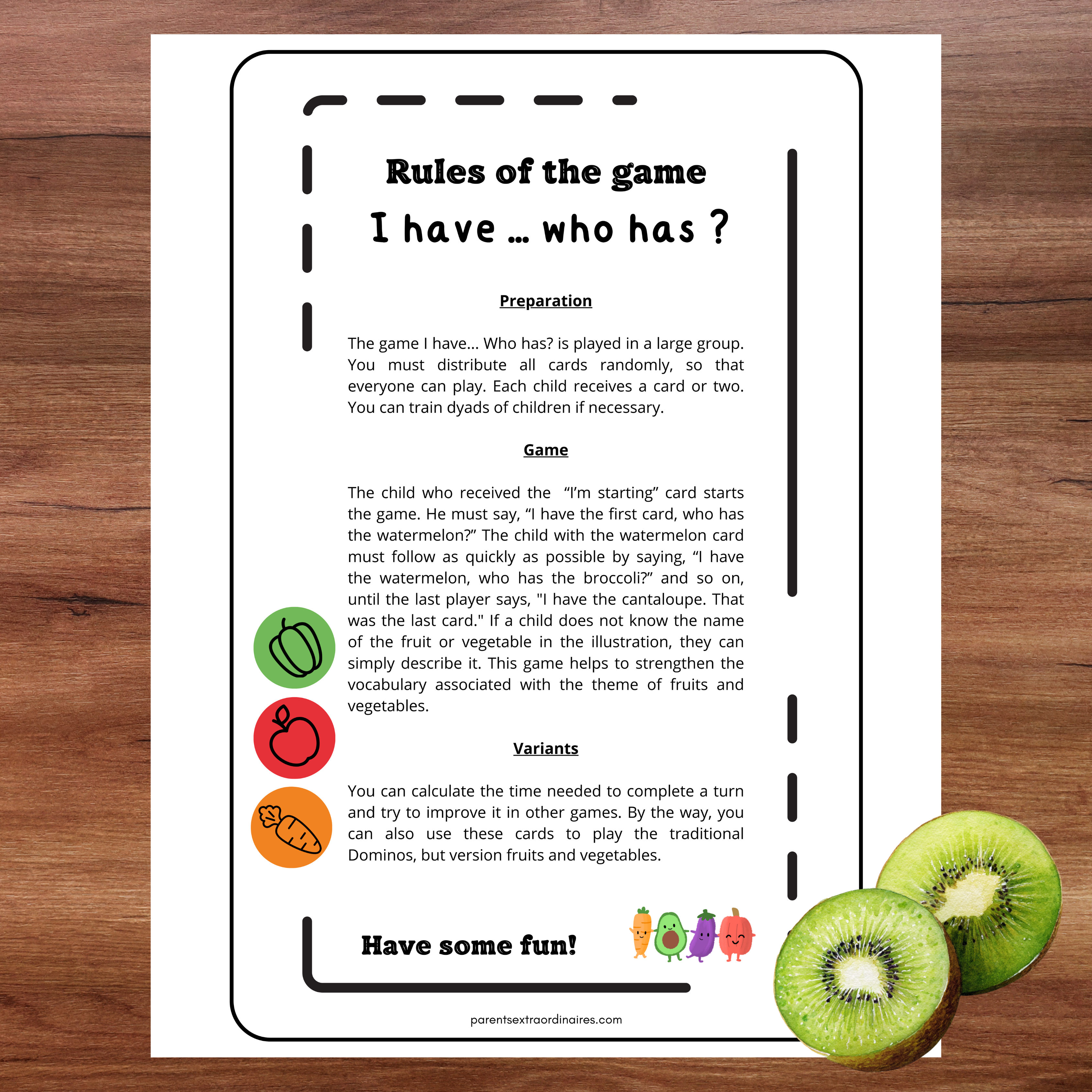 Jeu j'ai...qui a? : thème les fruits et légumes
