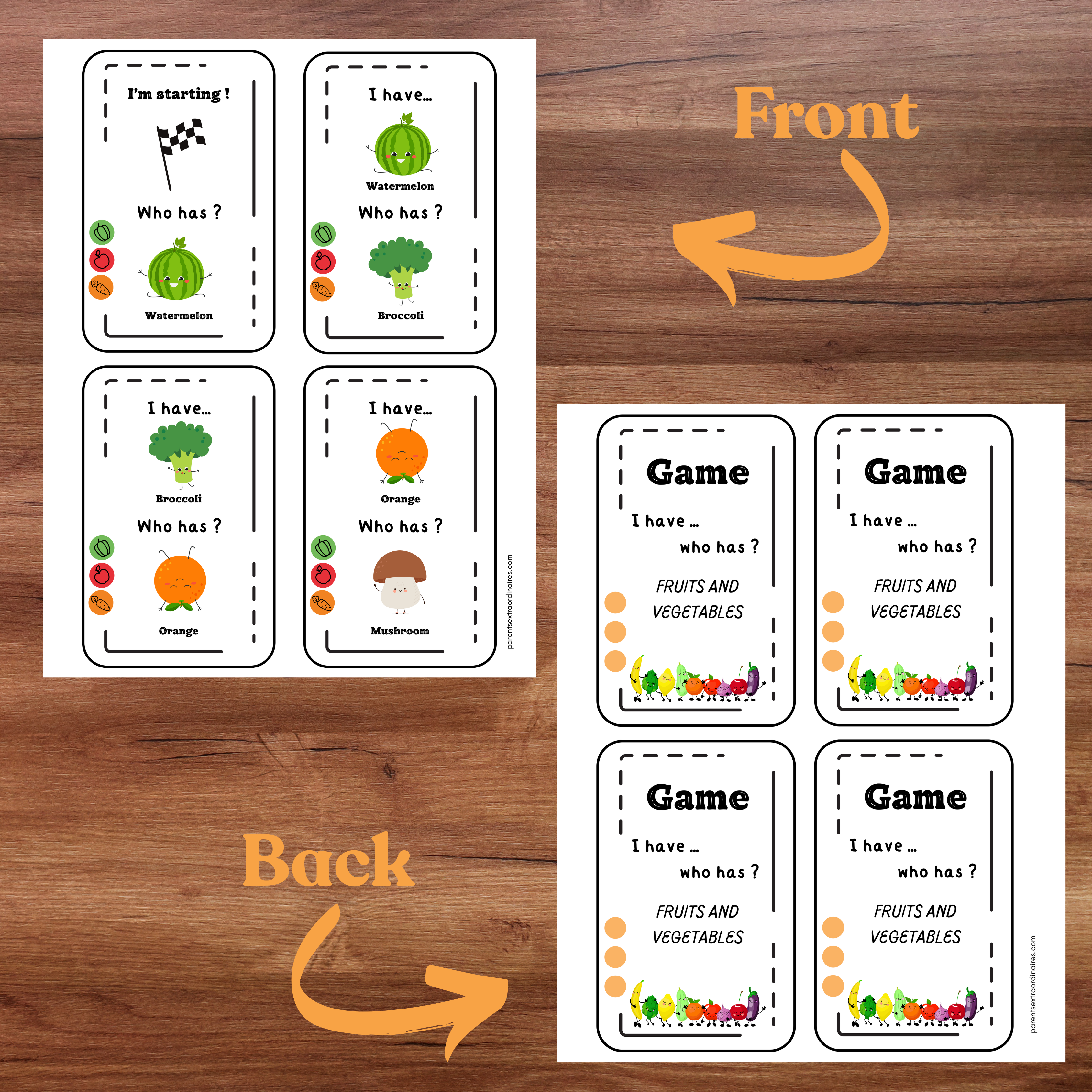 Jeu j'ai...qui a? : thème les fruits et légumes