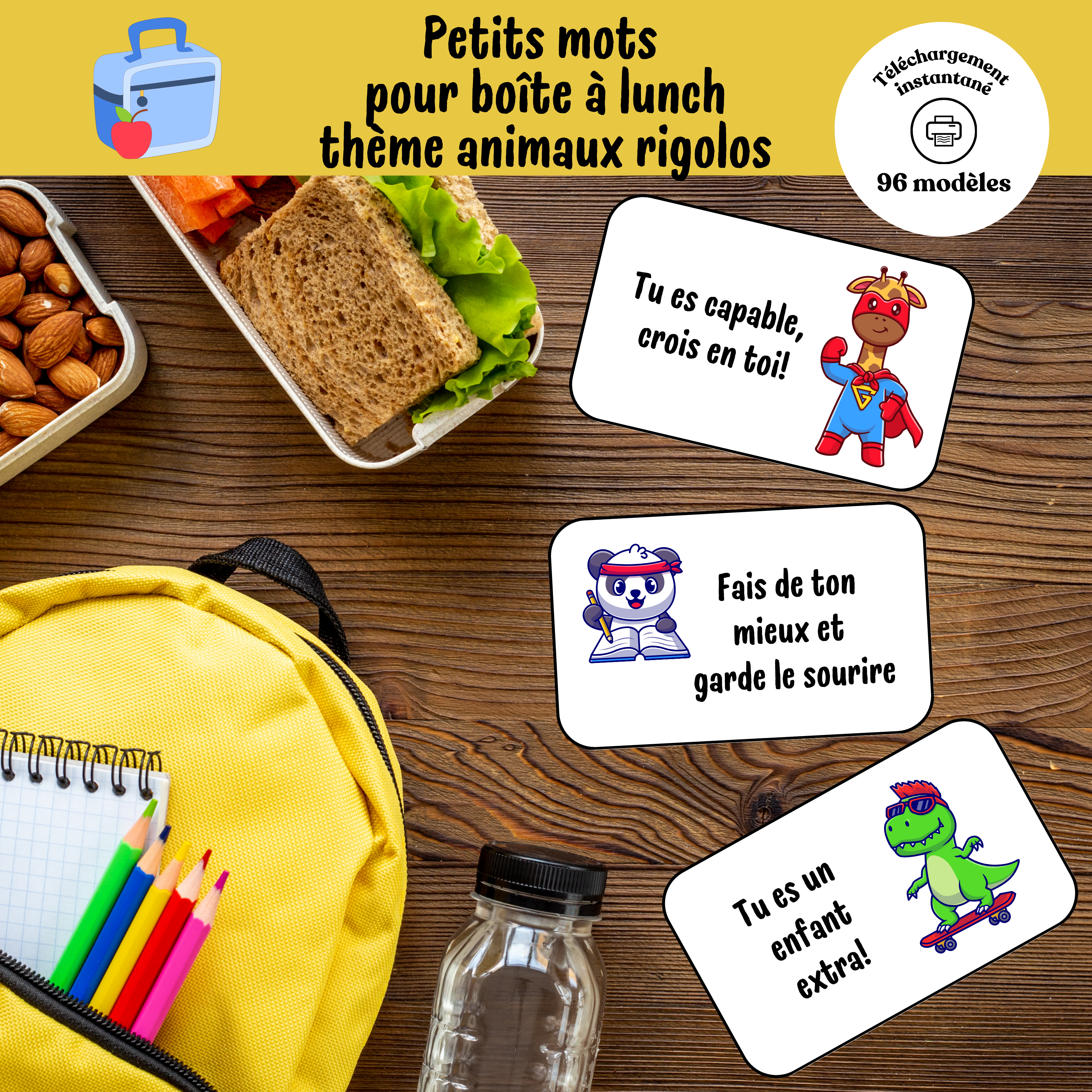 Petits mots pour boîte à lunch : thème animaux rigolos
