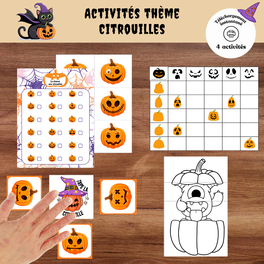 Ensemble d'activités thème citrouille – 4 jeux éducatifs (PDF à imprimer 3-7 ans)