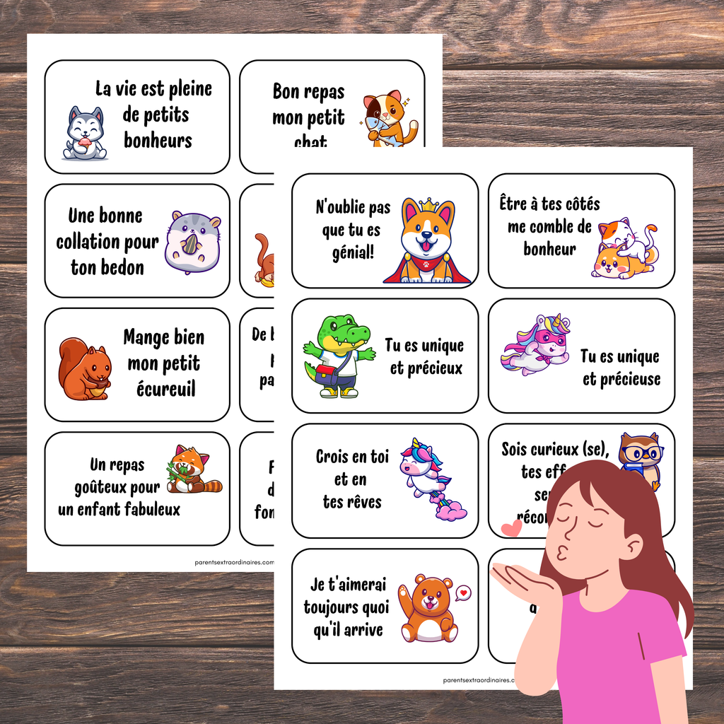Petits mots pour boîte à lunch : thème animaux rigolos