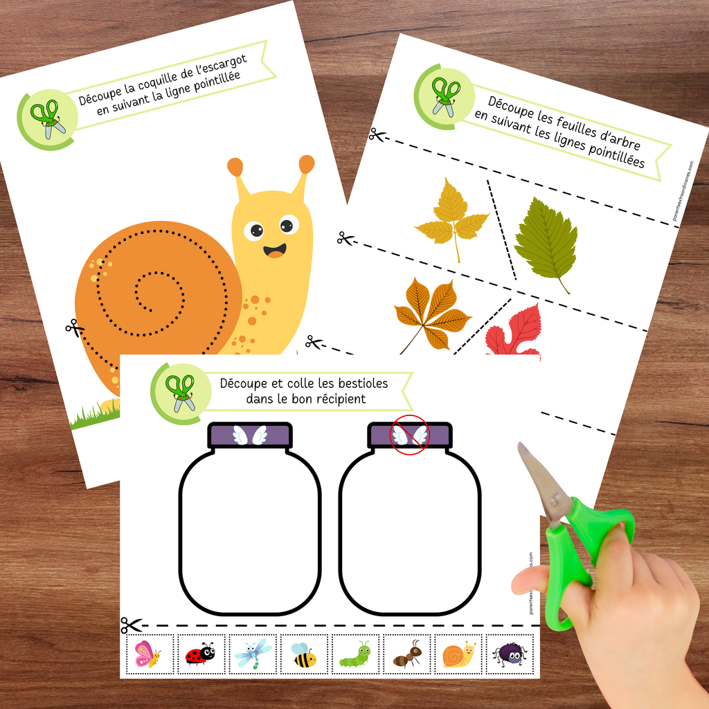 Cahier de découpage thème nature avec 50 activités progressives pour apprendre à utiliser les ciseaux. Une ressource éducative idéale pour développer la motricité fine, la coordination et la précision dès le préscolaire.