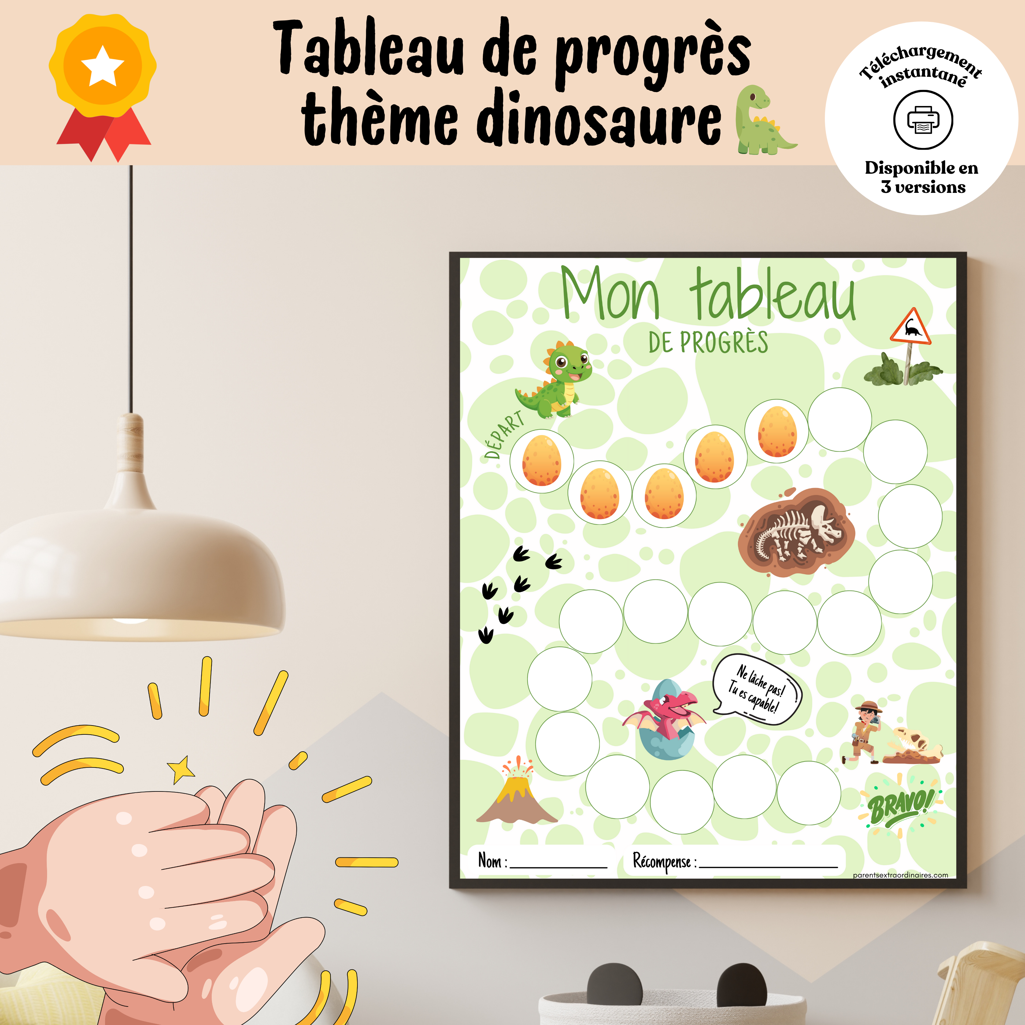 Tableau de progrès : thème dinosaure