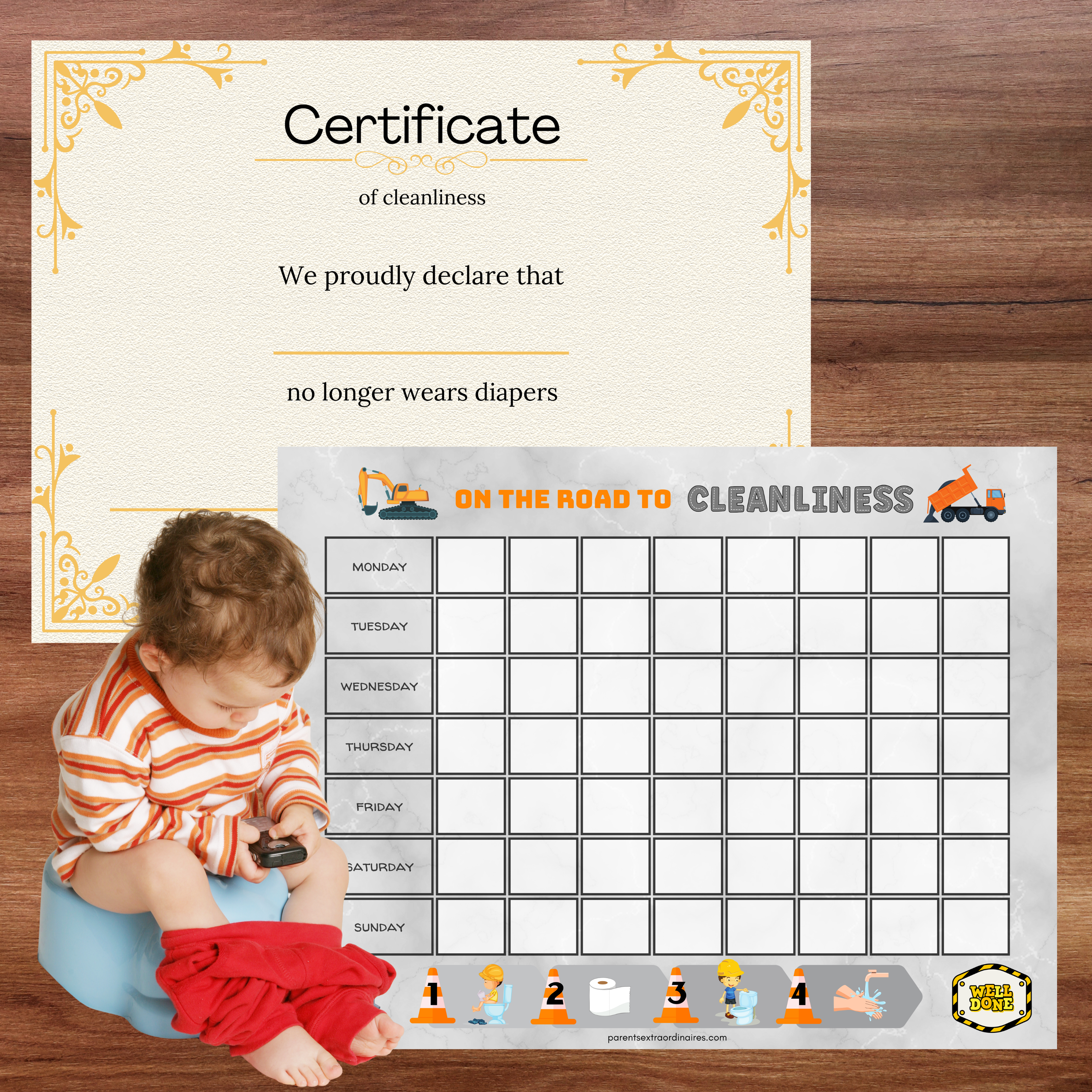 Tableau d'apprentissage de la propreté et certificat : thème construction