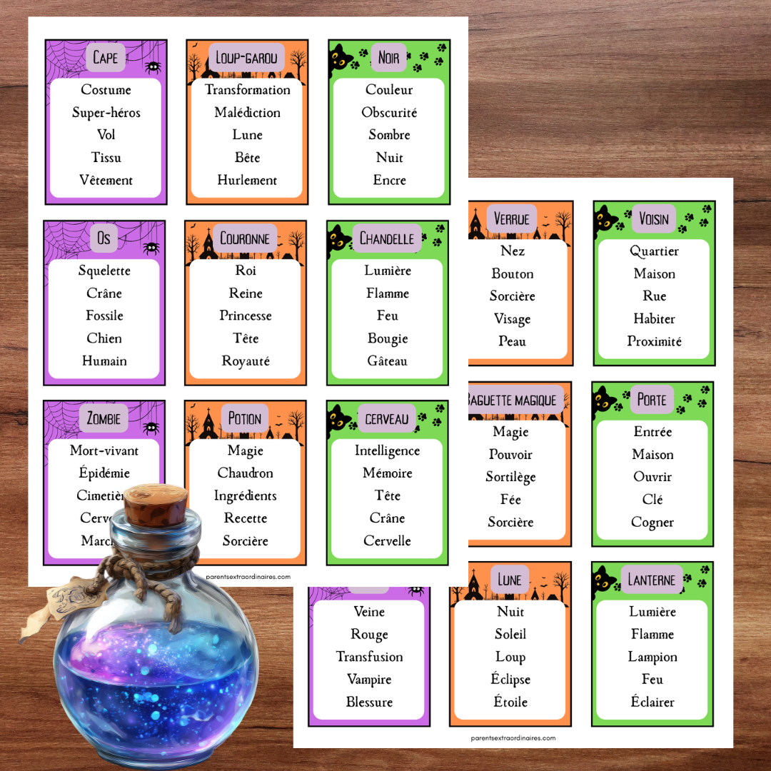 90 cartes de mots à faire deviner pour le jeu Mot sous tension d’Halloween