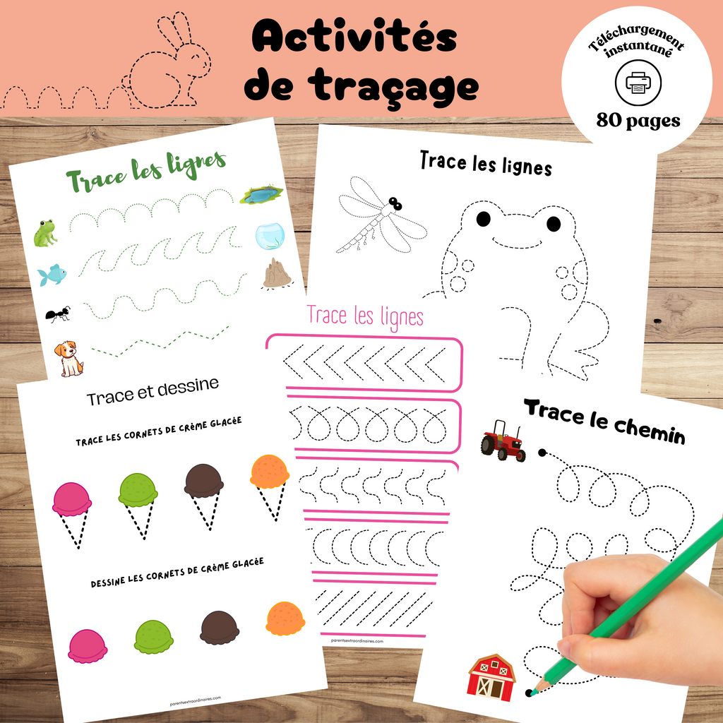 Ensemble d’activités de traçage et de pré-écriture à imprimer pour enfants de 2 à 5 ans avec lignes, formes et exercices de motricité fine.