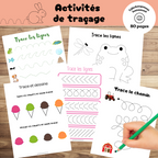 Ensemble d’activités de traçage et de pré-écriture à imprimer pour enfants de 2 à 5 ans avec lignes, formes et exercices de motricité fine.