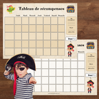Tableau de récompense à imprimer sur le thème des pirates avec pastilles de récompense et vignettes d'objectifs interchangeables pour encourager l'autonomie des enfants.