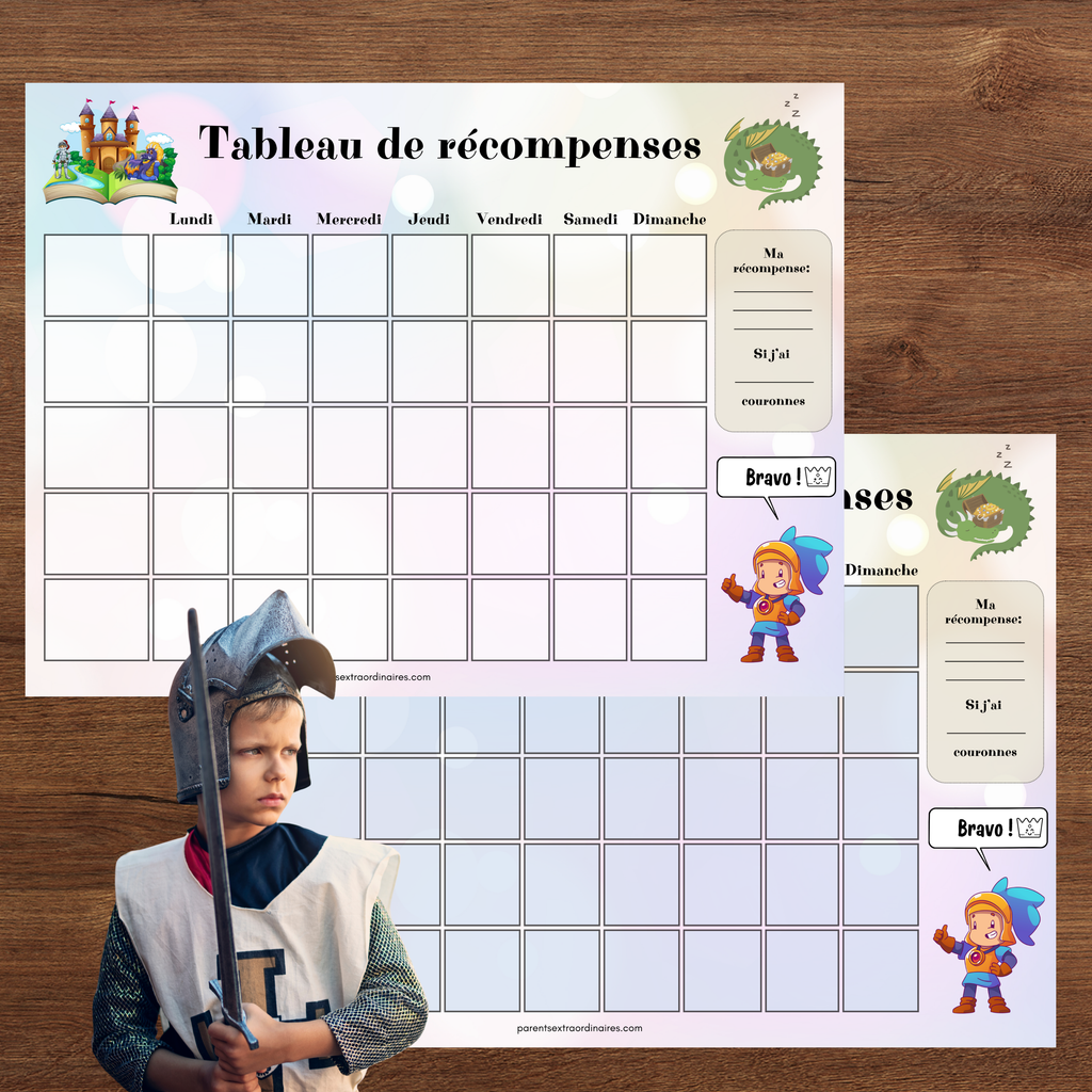 Ensemble du tableau de récompense thème princesse et chevalier comprenant le tableau, les pastilles de récompense et les vignettes d'objectifs à découper pour motiver les enfants au quotidien.