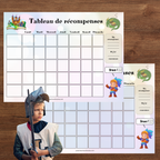 Ensemble du tableau de récompense thème princesse et chevalier comprenant le tableau, les pastilles de récompense et les vignettes d'objectifs à découper pour motiver les enfants au quotidien.