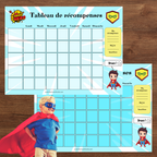 Tableau de récompense à imprimer sur le thème des super héros et super héroïnes avec pastilles de récompense et vignettes d'objectifs interchangeables pour encourager l'autonomie des enfants.