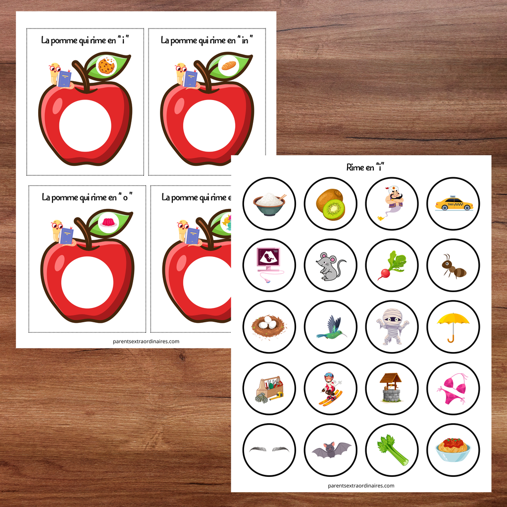 Cartes des pommes représentant différentes familles de rimes à associer avec des images découpées.