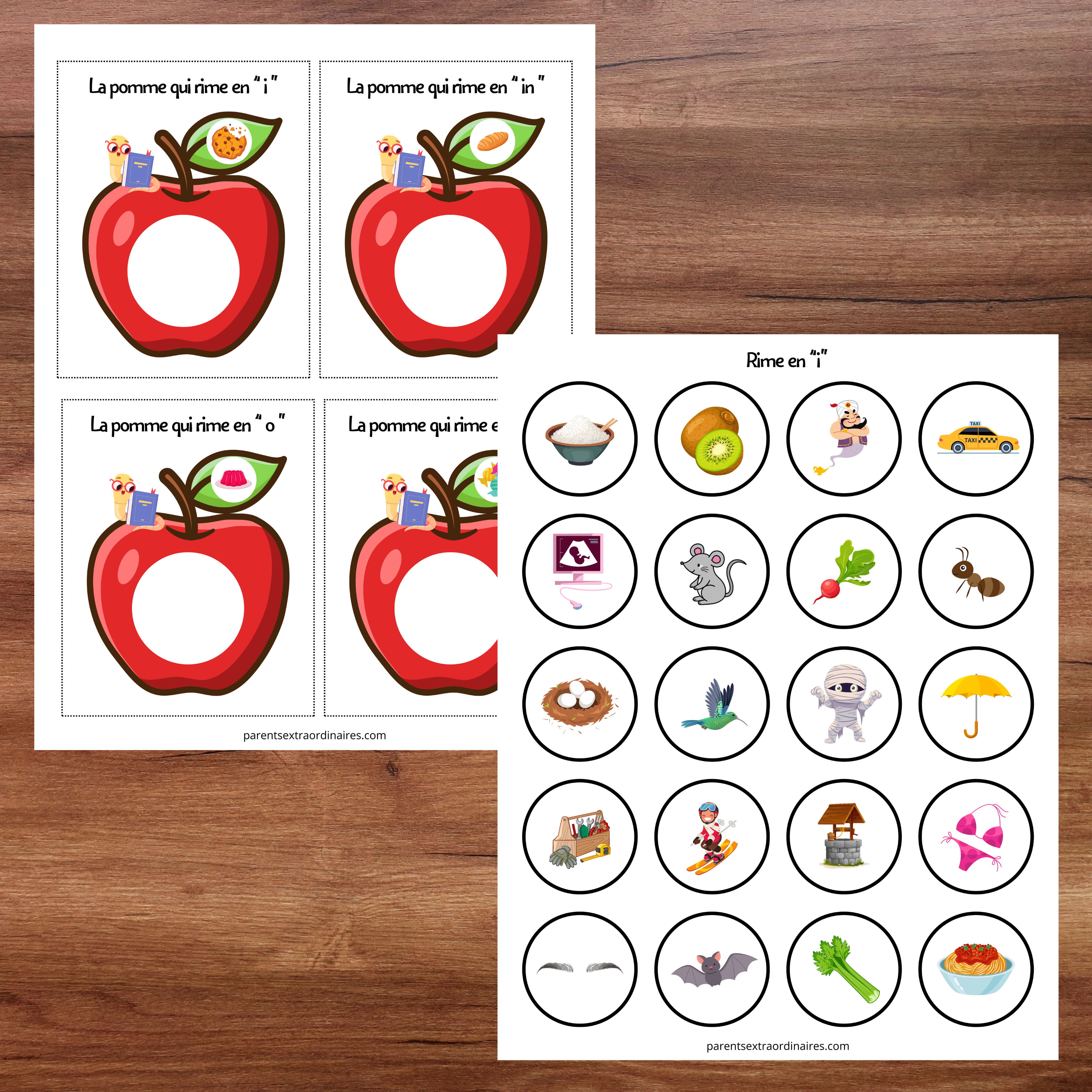 Cartes des pommes représentant différentes familles de rimes à associer avec des images découpées.