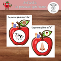 Jeu éducatif imprimable La pomme qui rime avec pommes colorées et pastilles illustrées pour apprendre les rimes au préscolaire et à la maternelle.