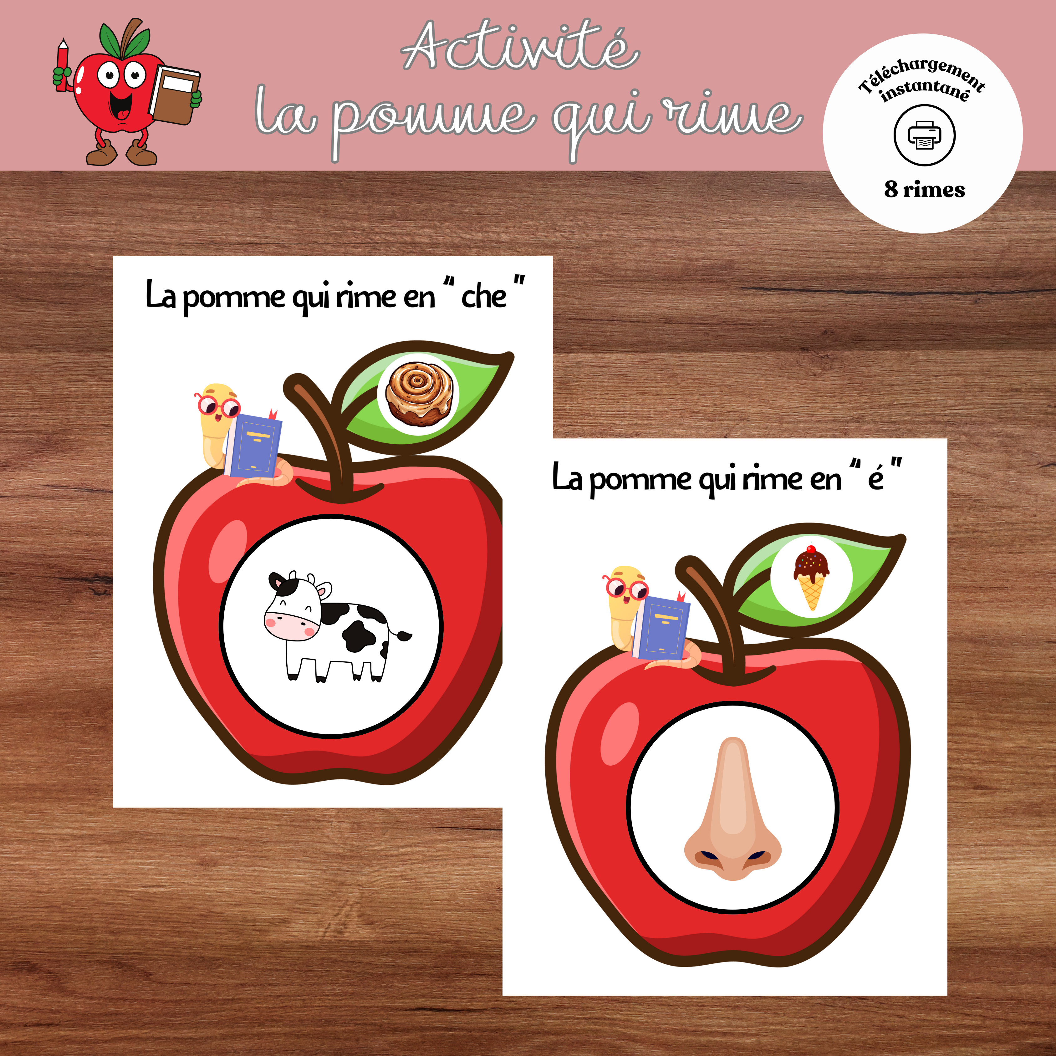 Jeu éducatif imprimable La pomme qui rime avec pommes colorées et pastilles illustrées pour apprendre les rimes au préscolaire et à la maternelle.