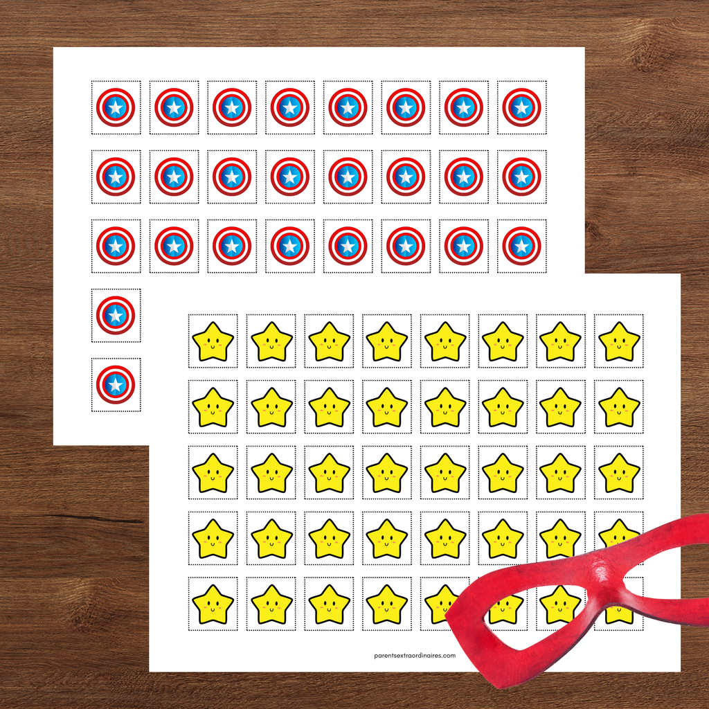 Ensemble du tableau de récompense thème super héros comprenant le tableau, les pastilles de récompense et les vignettes d'objectifs à découper pour motiver les enfants au quotidien.
