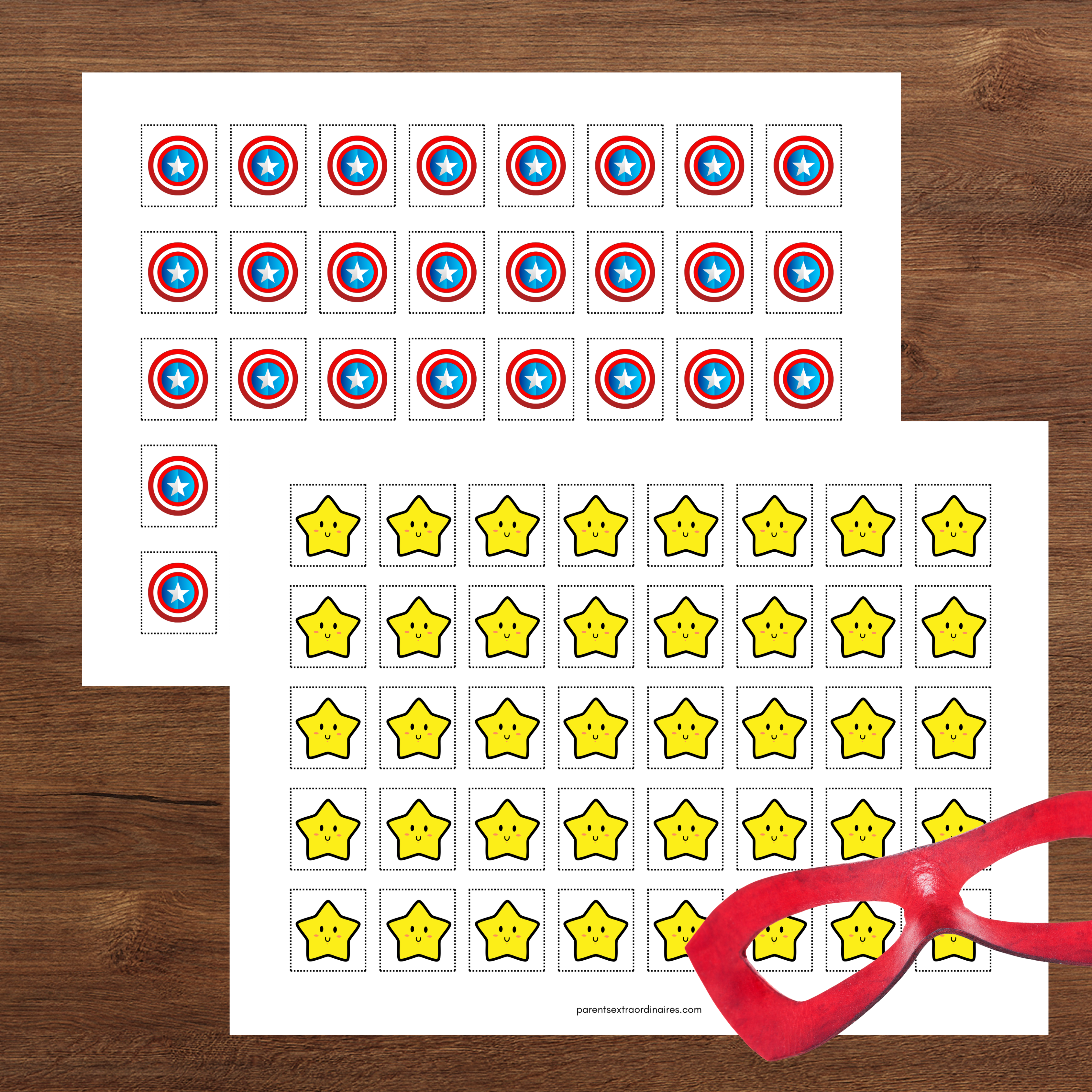 Ensemble du tableau de récompense thème super héros comprenant le tableau, les pastilles de récompense et les vignettes d'objectifs à découper pour motiver les enfants au quotidien.
