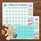 Ensemble du tableau de récompense thème sirène comprenant le tableau, les pastilles de récompense et les vignettes d'objectifs à découper et à utiliser au quotidien.