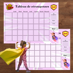 Ensemble du tableau de récompense thème super héros comprenant le tableau, les pastilles de récompense et les vignettes d'objectifs à découper pour motiver les enfants au quotidien.