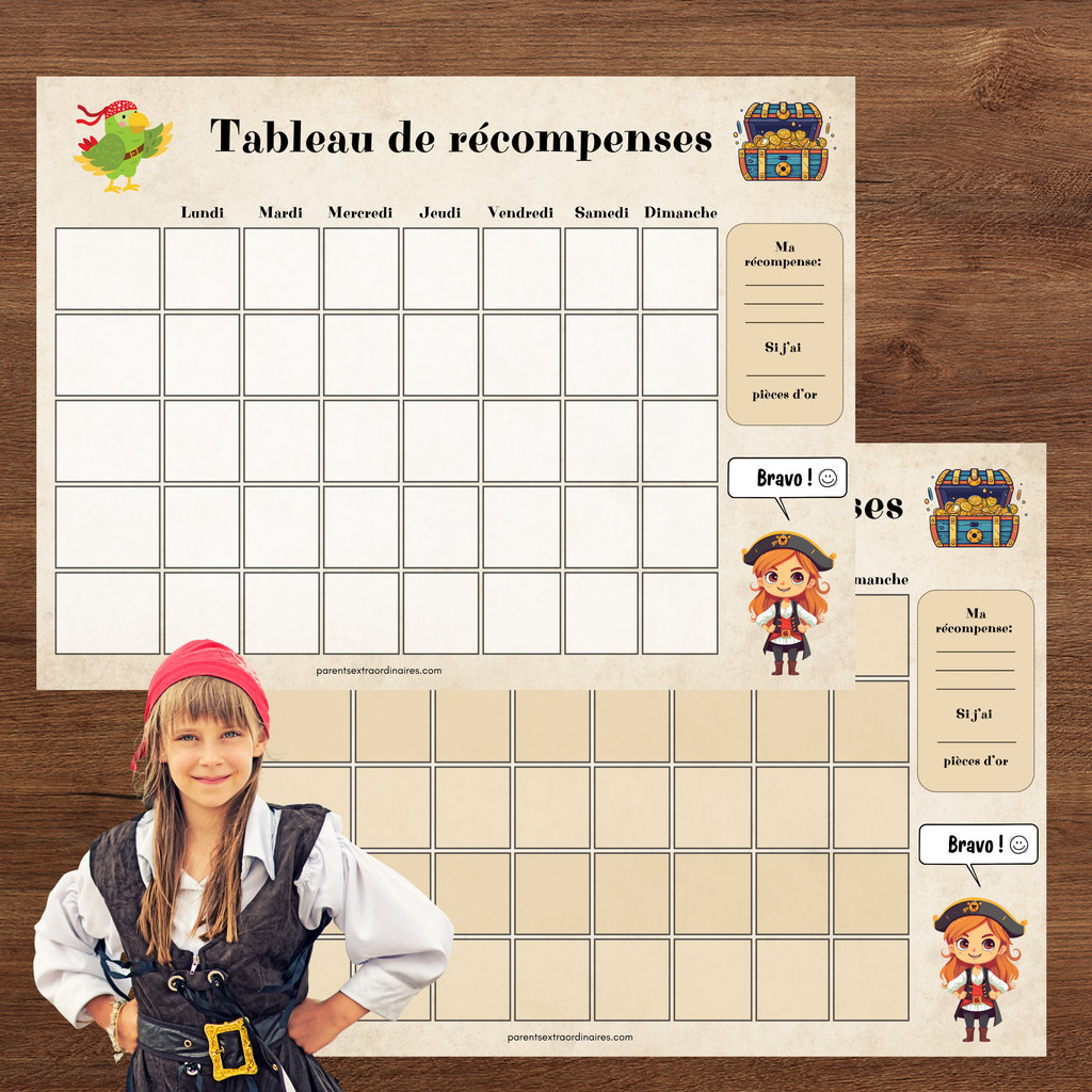 Ensemble du tableau de récompense thème pirate comprenant le tableau, les pastilles de récompense et les vignettes d'objectifs à découper pour motiver les enfants au quotidien.