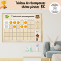 Tableau de récompense à imprimer sur le thème des pirates avec pastilles de récompense et vignettes d'objectifs interchangeables pour encourager l'autonomie des enfants.