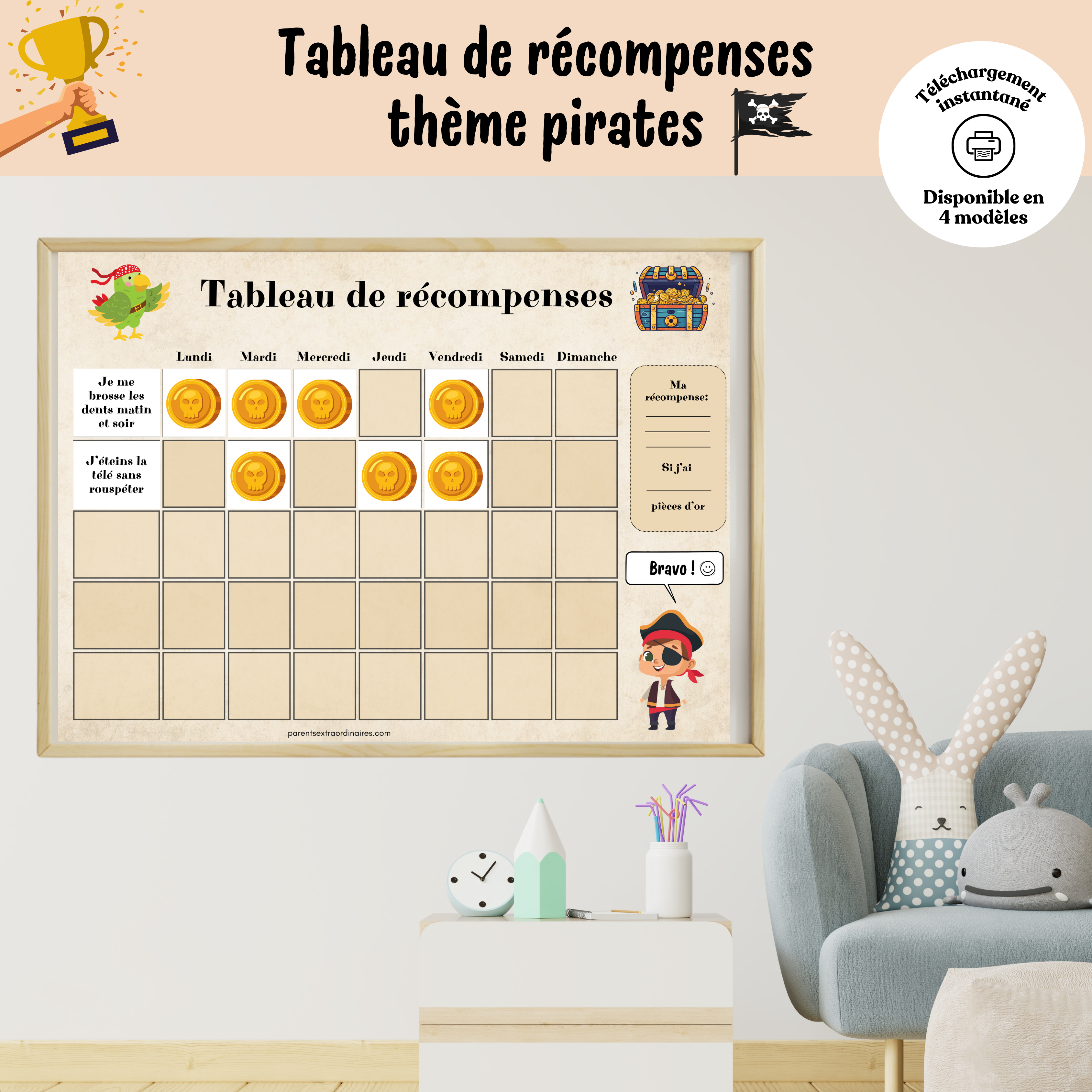 Tableau de récompense à imprimer sur le thème des pirates avec pastilles de récompense et vignettes d'objectifs interchangeables pour encourager l'autonomie des enfants.