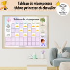 Tableau de récompense à imprimer sur le thème des princesses et des chevaliers avec pastilles de récompense et vignettes d'objectifs interchangeables pour encourager l'autonomie des enfants.