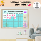 Tableau de récompense à imprimer sur le thème des sirènes et des tritons avec pastilles de récompense et vignettes d'objectifs interchangeables pour encourager l'autonomie des enfants.