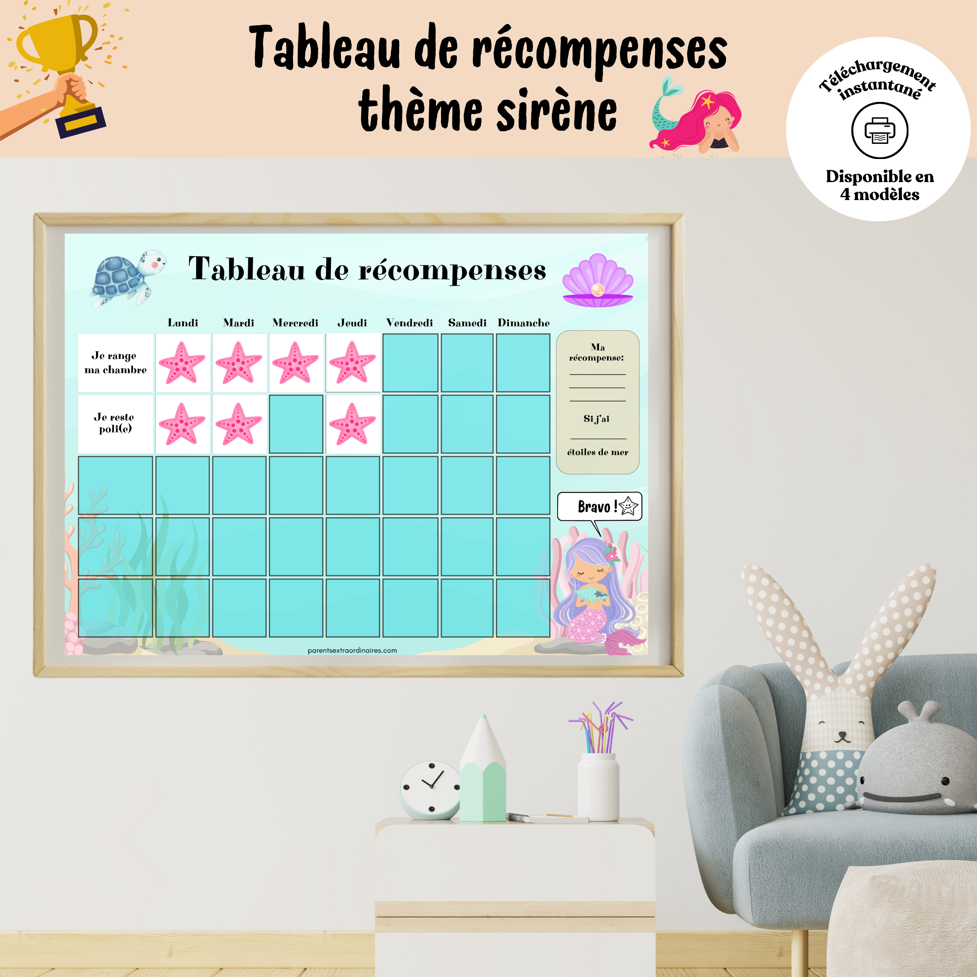 Tableau de récompense à imprimer sur le thème des sirènes et des tritons avec pastilles de récompense et vignettes d'objectifs interchangeables pour encourager l'autonomie des enfants.