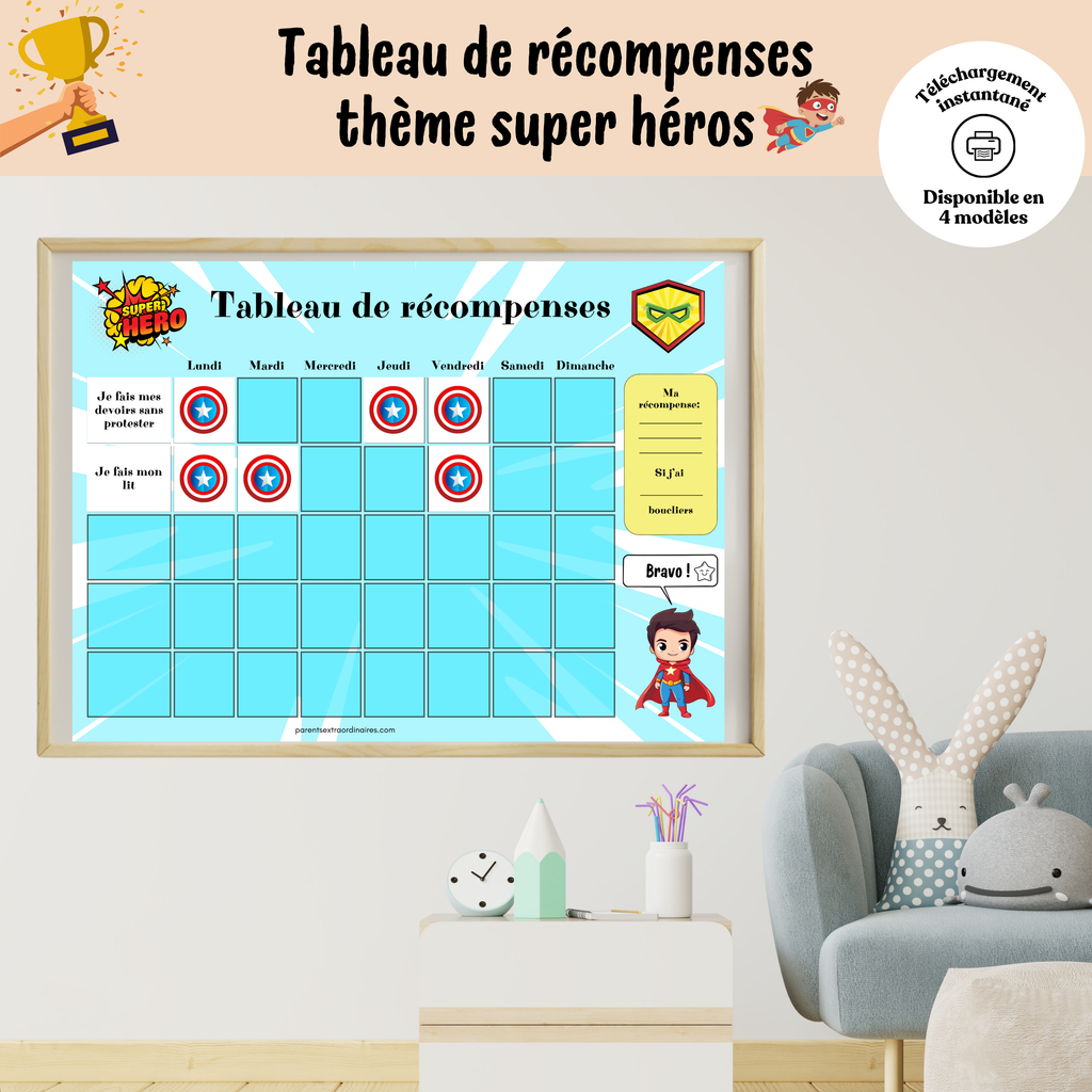 Tableau de récompense à imprimer sur le thème des super héros et super héroïnes avec pastilles de récompense et vignettes d'objectifs interchangeables pour encourager l'autonomie des enfants.