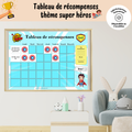 Tableau de récompense à imprimer sur le thème des super héros et super héroïnes avec pastilles de récompense et vignettes d'objectifs interchangeables pour encourager l'autonomie des enfants.