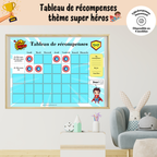 Tableau de récompense à imprimer sur le thème des super héros et super héroïnes avec pastilles de récompense et vignettes d'objectifs interchangeables pour encourager l'autonomie des enfants.