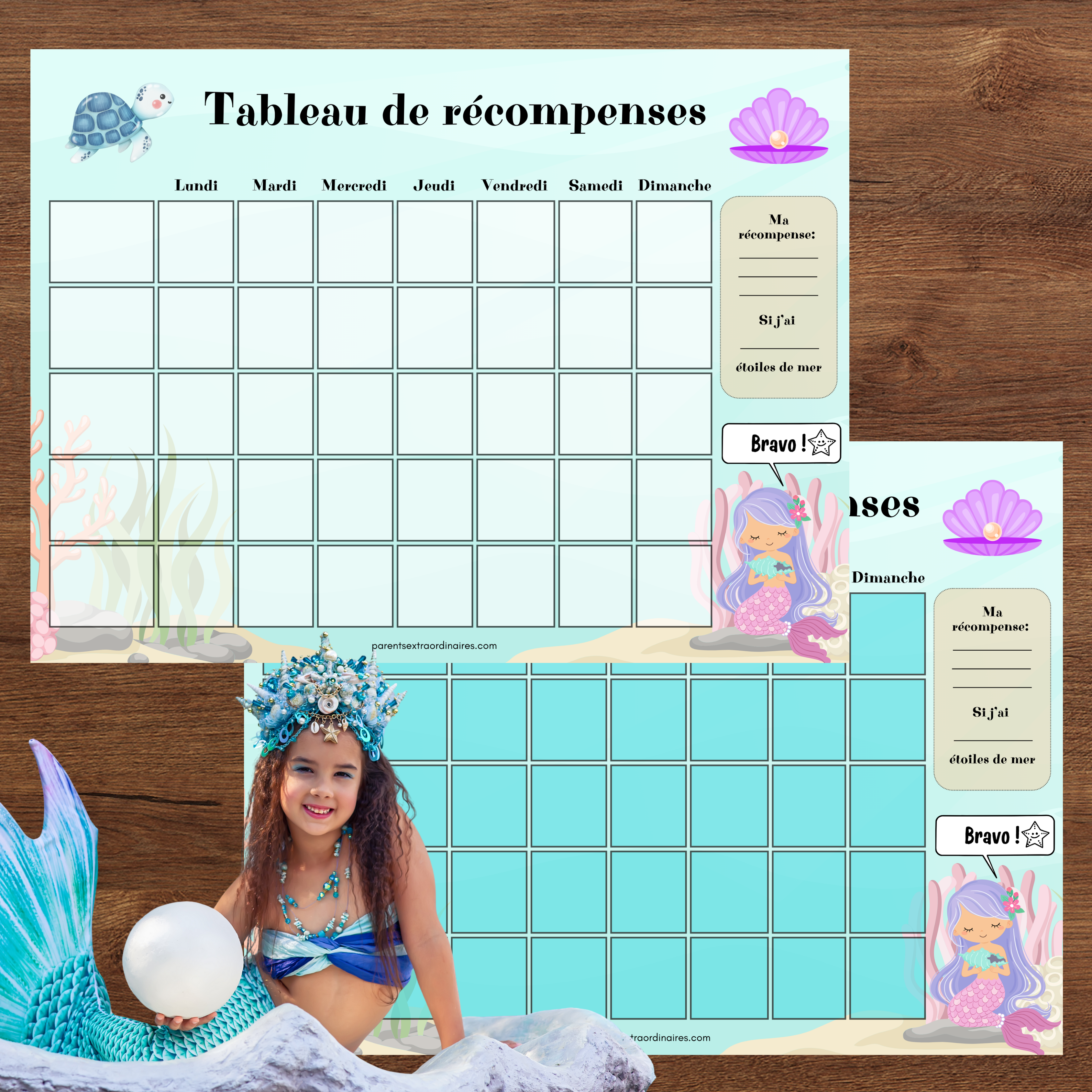 Tableau de récompense à imprimer sur le thème des sirènes et des tritons avec pastilles de récompense et vignettes d'objectifs interchangeables pour encourager l'autonomie des enfants.