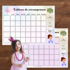 Tableau de récompense à imprimer sur le thème des princesses et des chevaliers avec pastilles de récompense et vignettes d'objectifs interchangeables pour encourager l'autonomie des enfants.