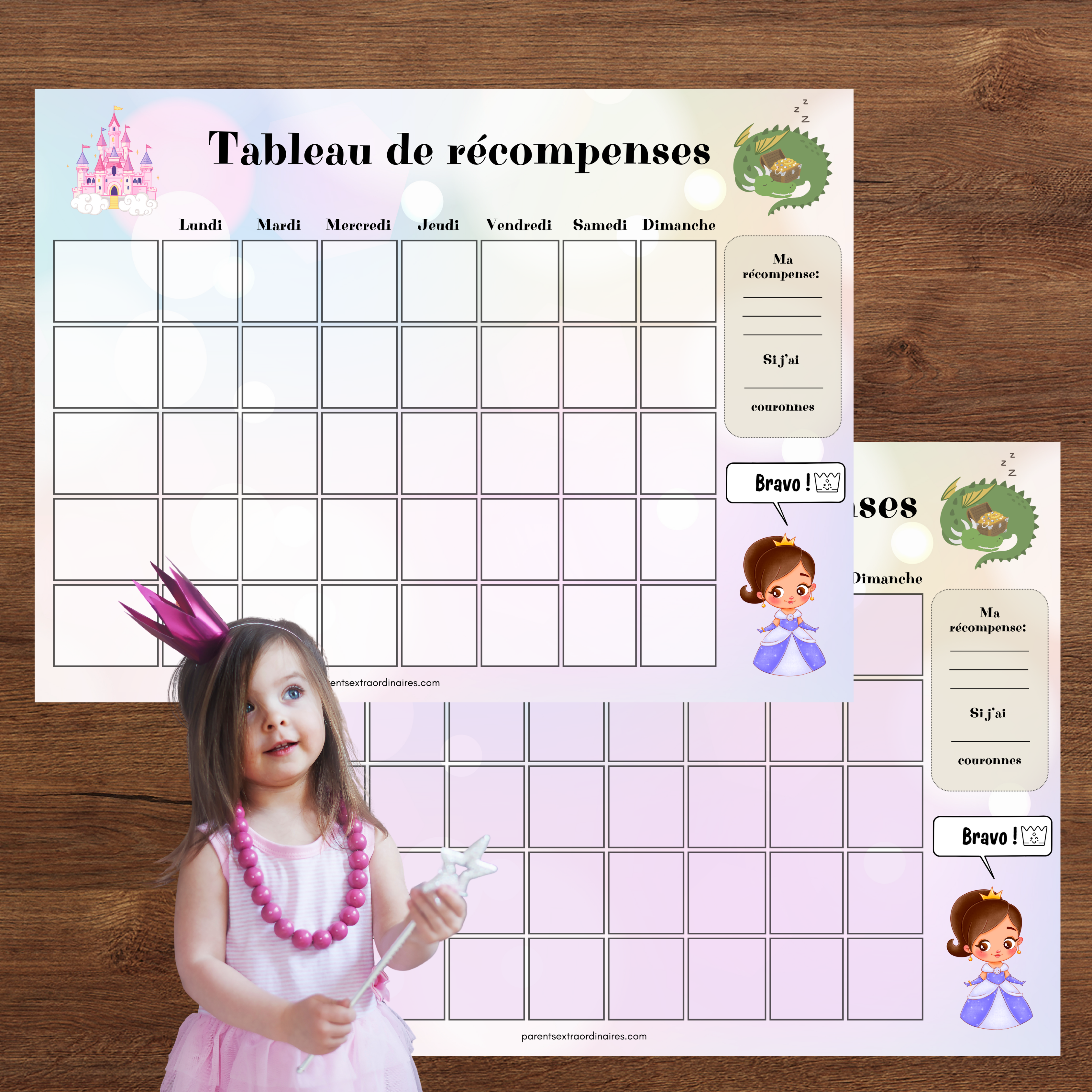 Tableau de récompense à imprimer sur le thème des princesses et des chevaliers avec pastilles de récompense et vignettes d'objectifs interchangeables pour encourager l'autonomie des enfants.