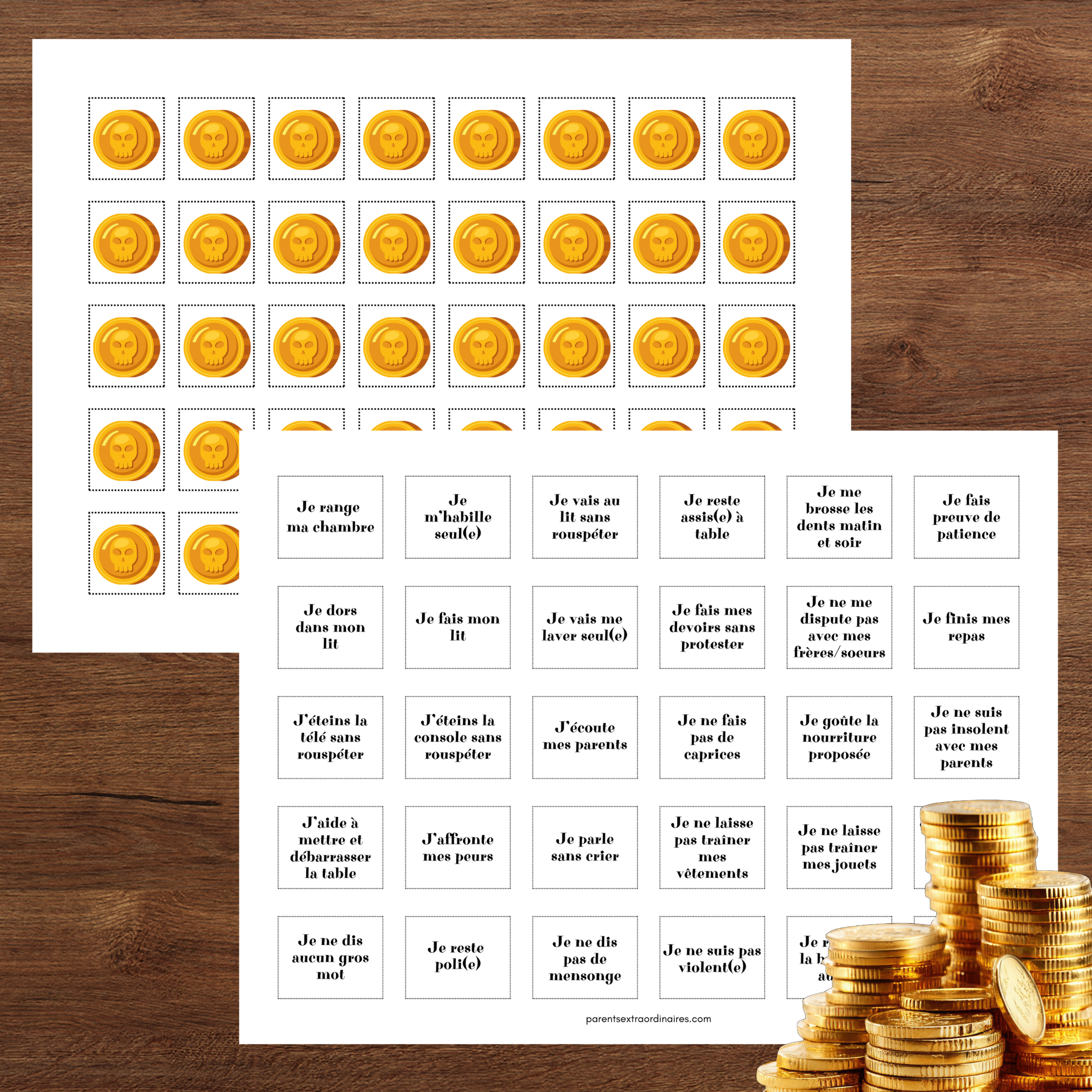 Vignettes illustrées à découper pour personnaliser le tableau de récompense avec différents objectifs comme le brossage des dents, le rangement, la propreté, le sommeil et l'autonomie.