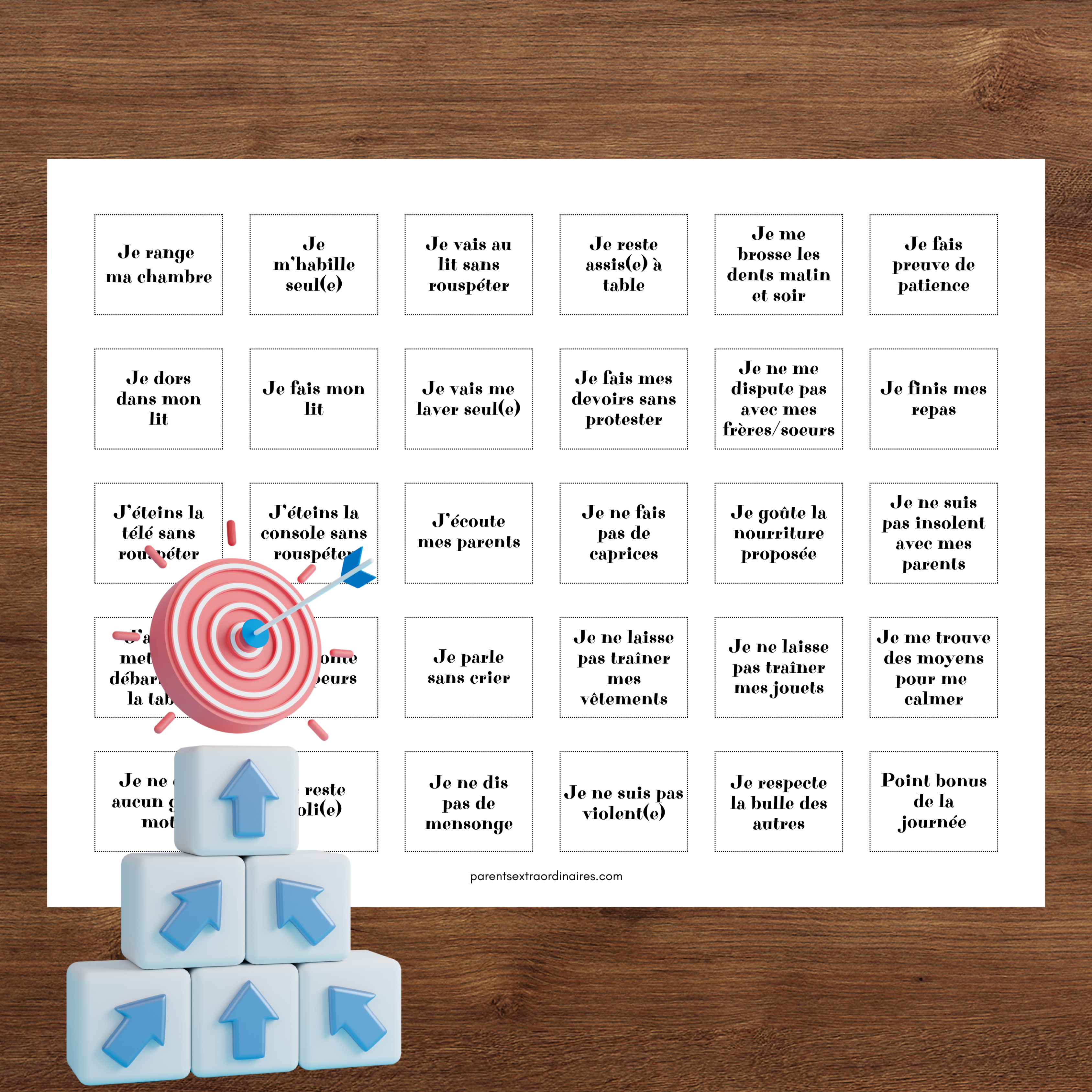 Vignettes illustrées à découper pour personnaliser le tableau de récompense avec différents objectifs comme le brossage des dents, le rangement, la propreté, le sommeil et l'autonomie.