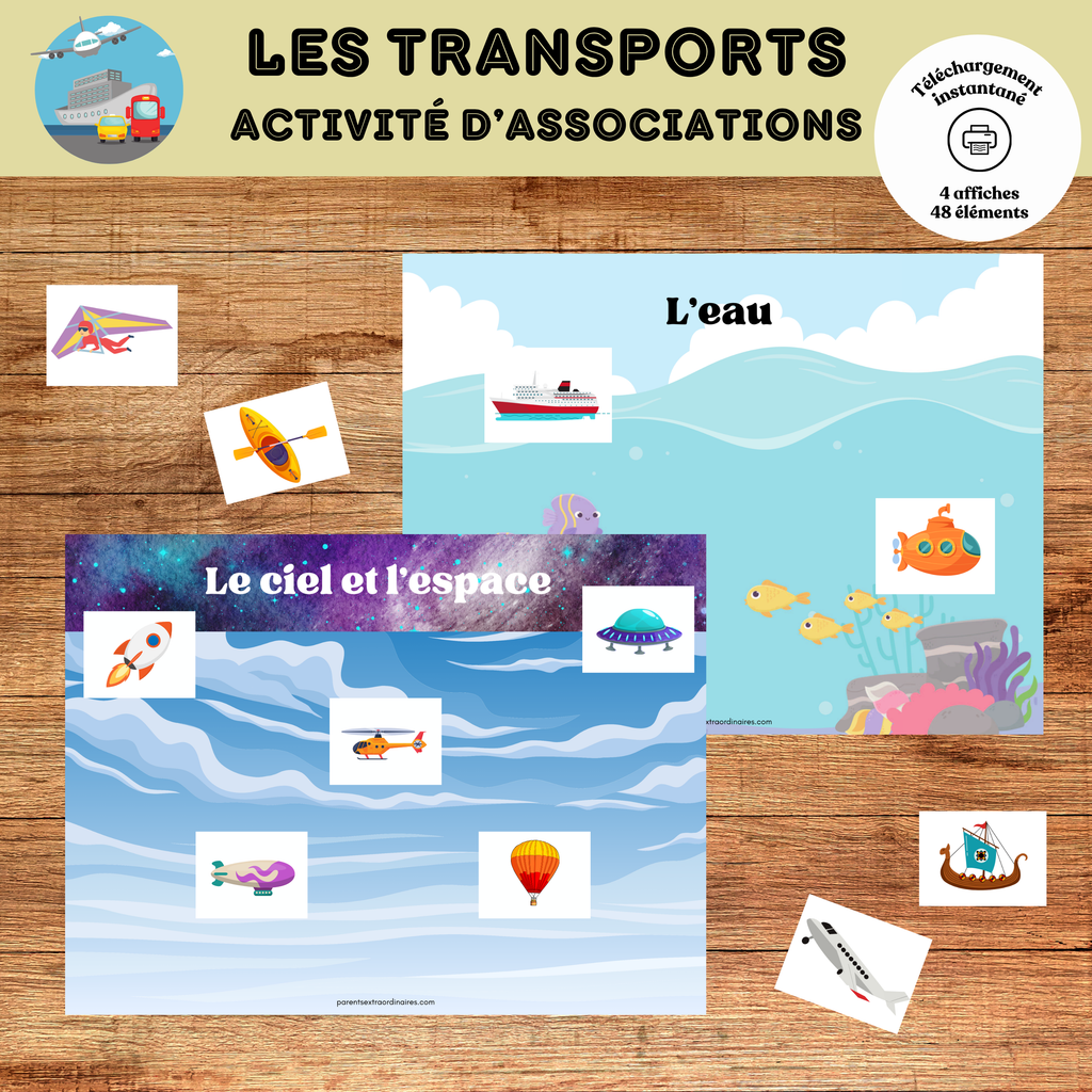 Activité d'association sur les moyens de transport où l'enfant relie ou associe différents véhicules terrestres, aériens et maritimes. Jeu éducatif imprimable pour la maternelle et le préscolaire.