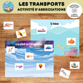 Activité d'association sur les moyens de transport où l'enfant relie ou associe différents véhicules terrestres, aériens et maritimes. Jeu éducatif imprimable pour la maternelle et le préscolaire.