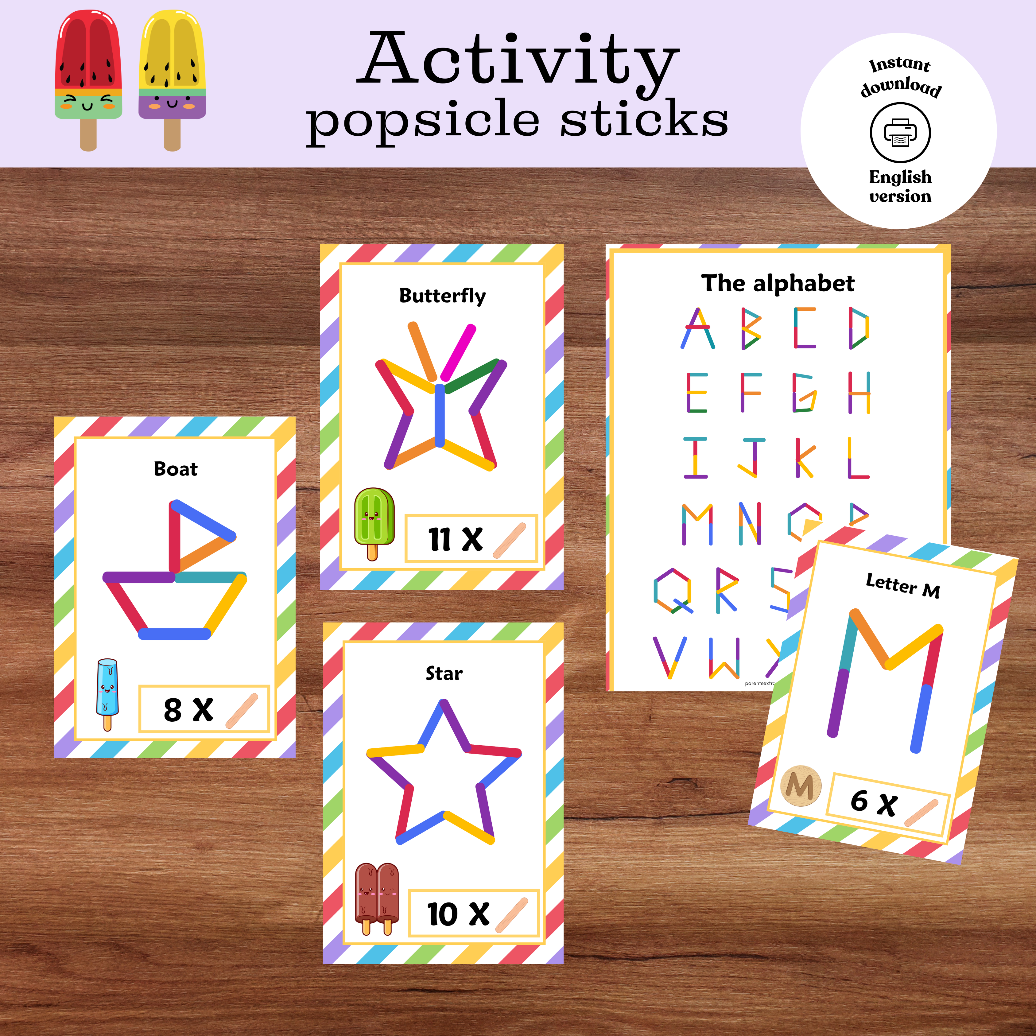 Activité bâtons de popsicle à imprimer avec 100 cartes défis pour développer la motricité fine, la créativité et le raisonnement spatial chez les enfants.
