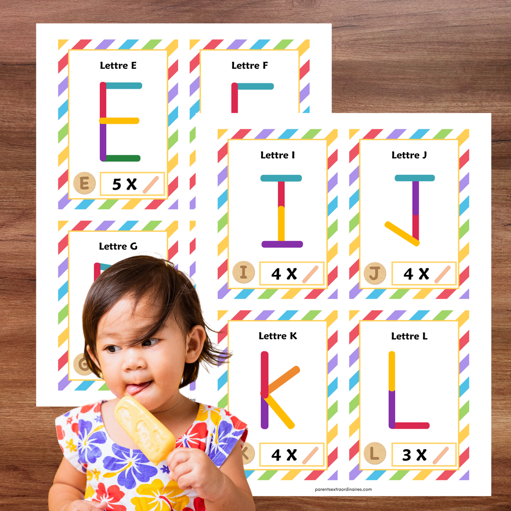 Jeu éducatif permettant de créer les lettres de l’alphabet et les chiffres avec des bâtons de popsicle.