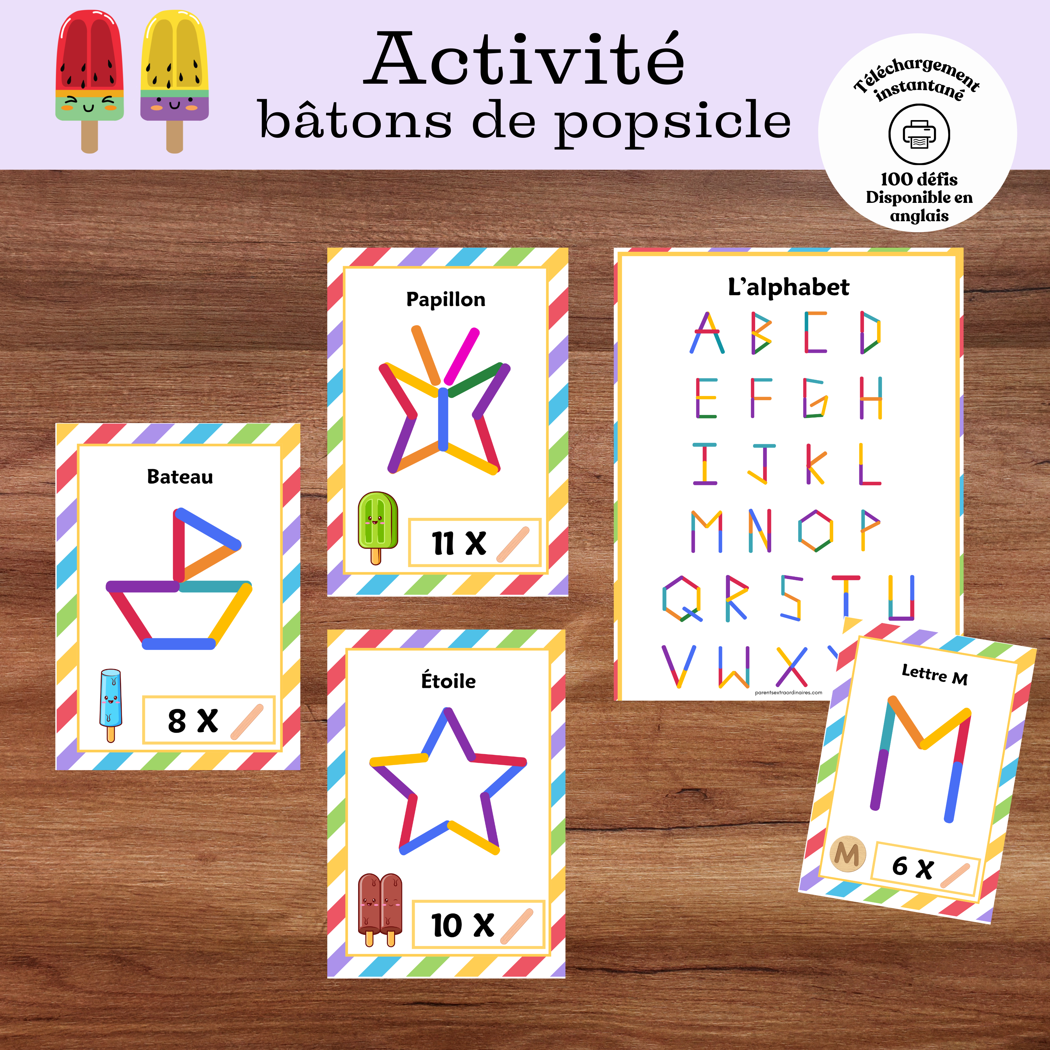 Activité bâtons de popsicle à imprimer avec 100 cartes défis pour développer la motricité fine, la créativité et le raisonnement spatial chez les enfants.