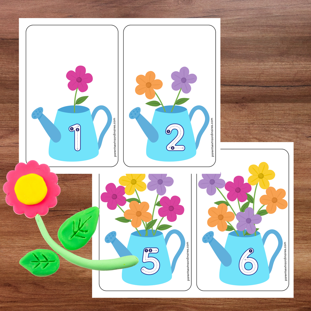 Jeu éducatif où l’enfant compte les fleurs indiquées dans un arrosoir.