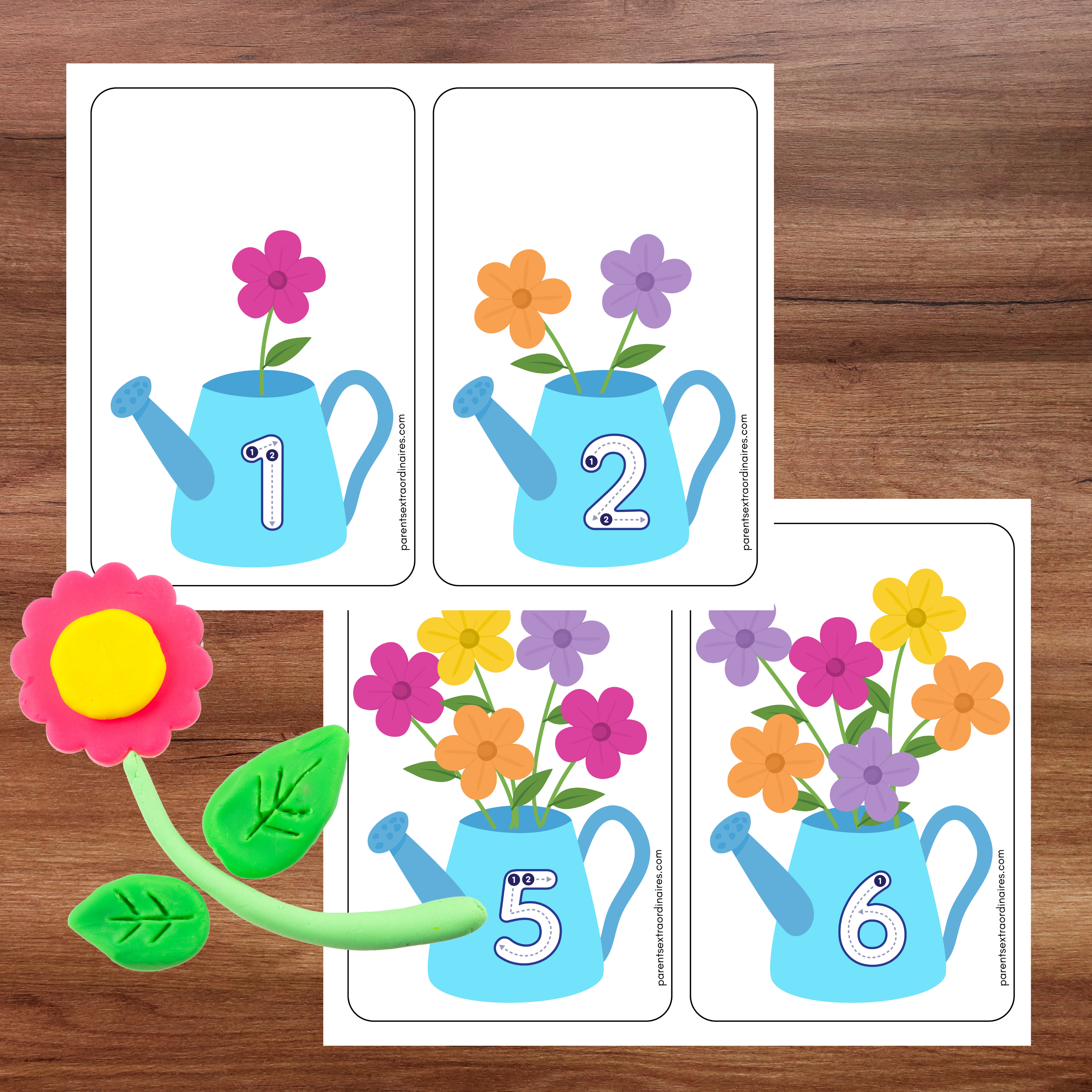 Jeu éducatif où l’enfant compte les fleurs indiquées dans un arrosoir.